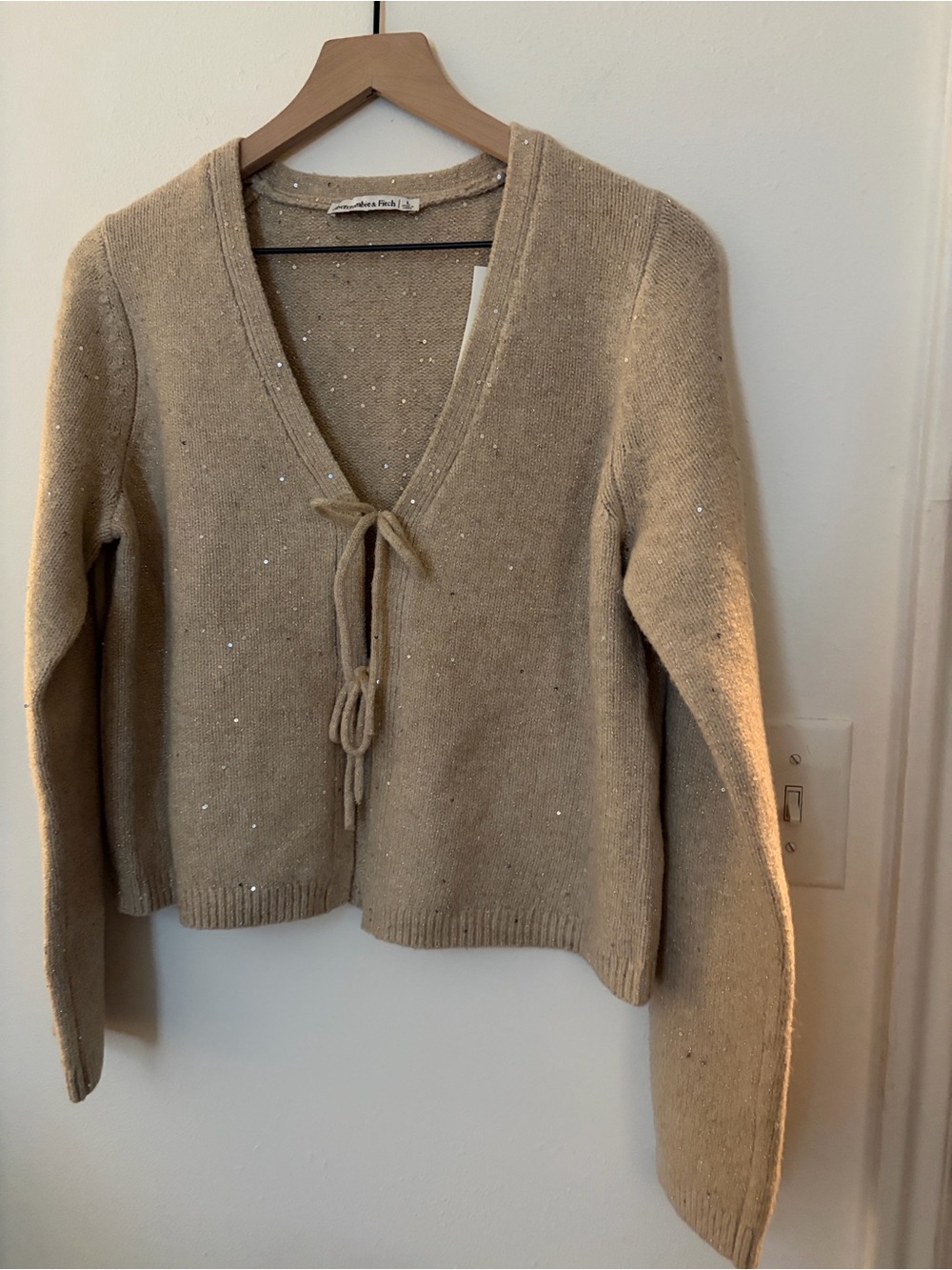 abercrombie and fitch Tan Sparkle Tie-Front V-Neck Sweater